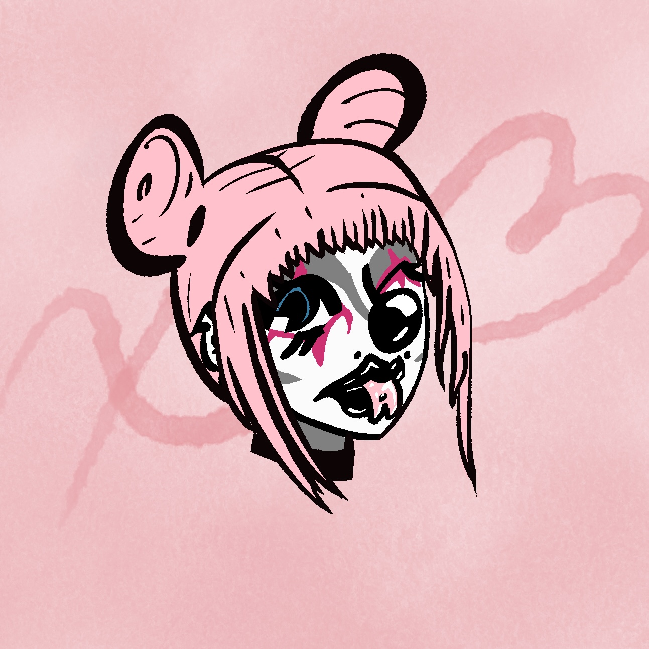 Profile Picture of a clown in black and white makueup and a black clown nose. it has pink heair and a split tongue and many facial piercings
